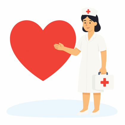 Ilustracja przedstawia uśmiechniętą pielęgniarkę w białym uniformie i czepku z czerwonym krzyżem, stojącą obok dużego czerwonego serca i trzymającą torbę medyczną.