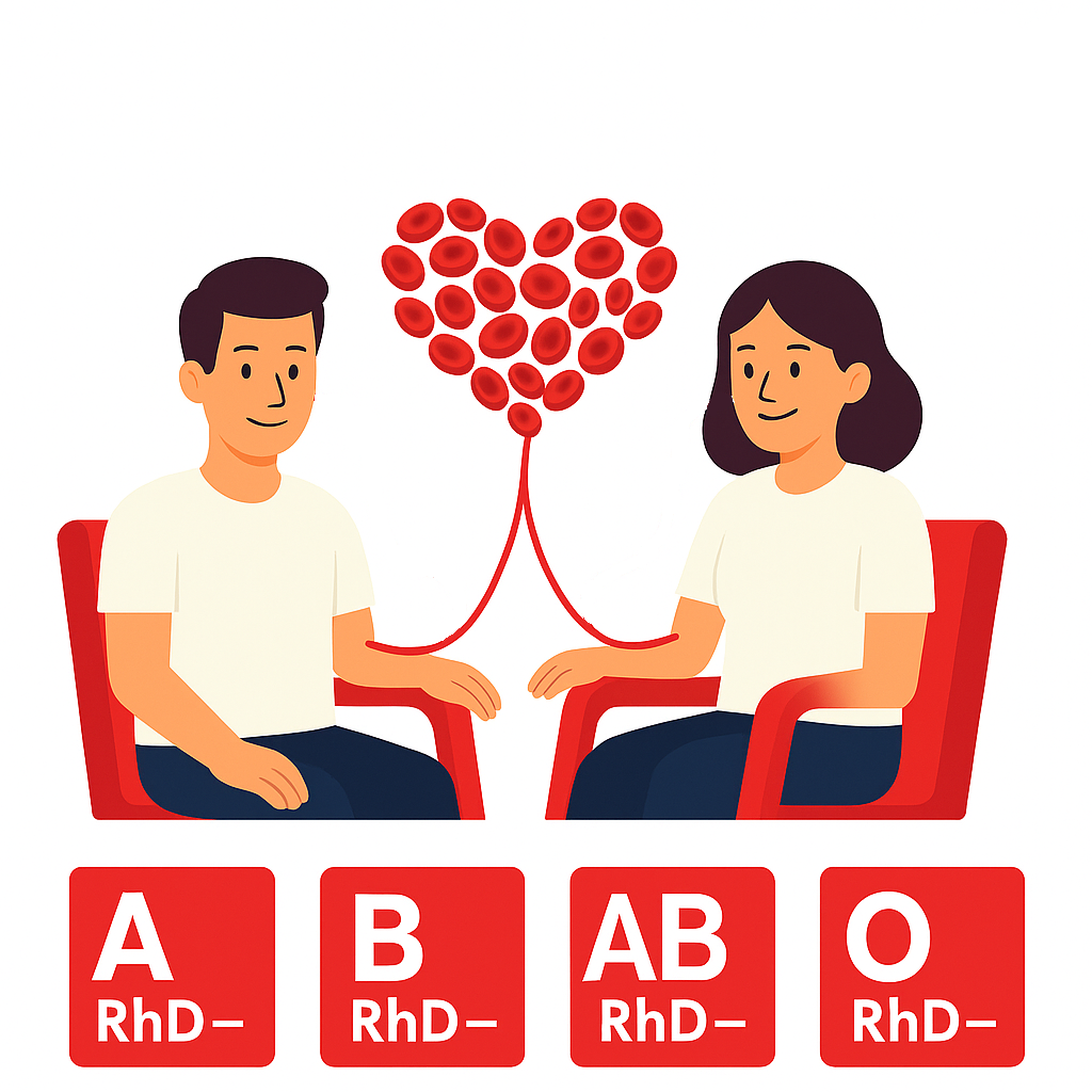 Ilustracja przedstawia kobietę i mężczyznę siedzących naprzeciw siebie na czerwonych krzesłach, połączonych przewodem z krwinek tworzących serce. Poniżej widoczne są symbole grup krwi RhD–: A, B, AB i O.