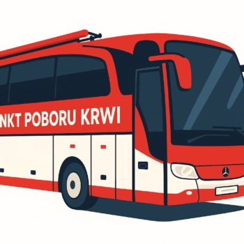 Ilustracja autobusu w czerwono-białych barwach z napisem „Mobilny Punkt Poboru Krwi”.