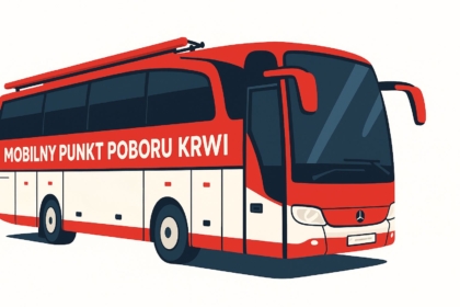 Ilustracja autobusu w czerwono-białych barwach z napisem „Mobilny Punkt Poboru Krwi”.