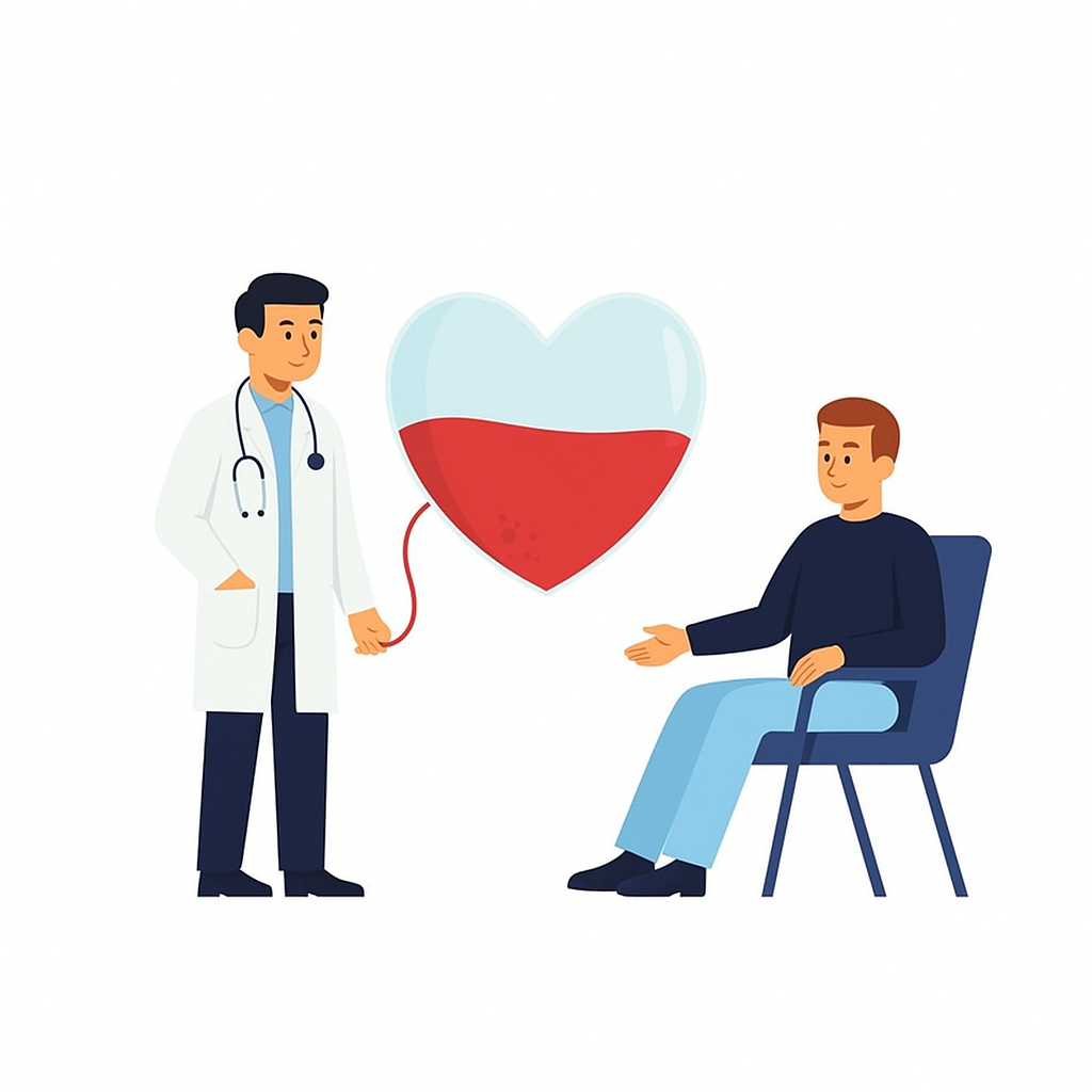 Ilustracja: po lewej stronie stoi lekarz w białym kitlu ze stetoskopem na szyi, a obok niego siedzi mężczyzna – dawca krwi – na krześle. Między nimi znajduje się duże, półprzezroczyste serce częściowo wypełnione czerwoną krwią, symbolizujące proces donacji. Lekarz trzyma w dłoni przewód podłączony do serca, który łączy się z ręką pacjenta. Tło jest białe, proste i czyste.