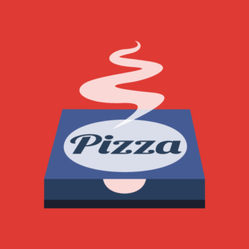 Ilustracja z pizzą w granatowym pudełku. Czerwone tło.