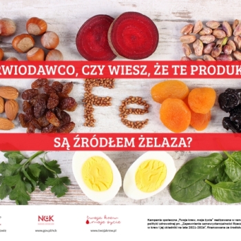 Grafika edukacyjna z hasłem „Krwiodawco, czy wiesz, że te produkty są źródłem żelaza?” oraz zdjęciami buraków, orzechów, pestek, migdałów, rodzynek, moreli suszonych, śliwek, jajka, natki pietruszki i szpinaku.