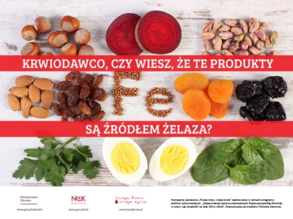 Grafika edukacyjna z hasłem „Krwiodawco, czy wiesz, że te produkty są źródłem żelaza?” oraz zdjęciami buraków, orzechów, pestek, migdałów, rodzynek, moreli suszonych, śliwek, jajka, natki pietruszki i szpinaku.