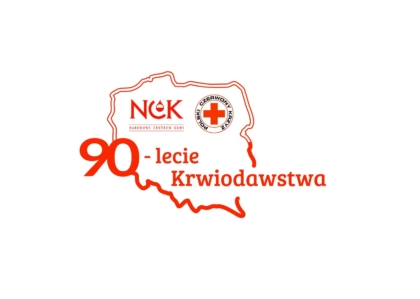 Grafika w czerwono-białej kolorystyce przedstawiająca kontur mapy Polski. Wewnątrz znajduje się logo Narodowego Centrum Krwi oraz emblemat Polskiego Czerwonego Krzyża. Pod mapą widnieje napis „90-lecie Krwiodawstwa”.