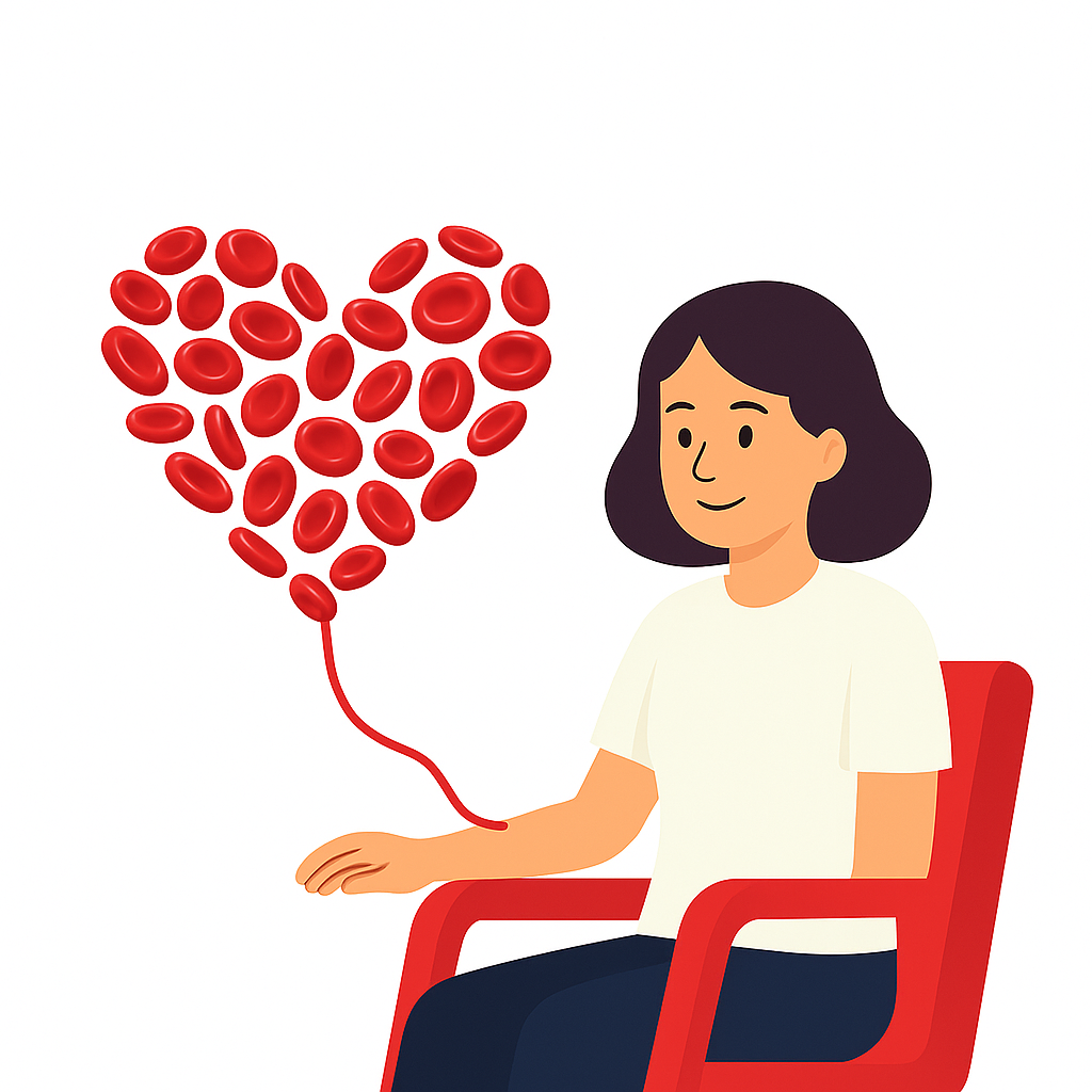 Ilustracja przedstawia kobietę siedzącą na czerwonym krześle, oddającą płytki krwi. Z jej ręki wychodzi czerwona linia tworząca serce złożone z płytek.