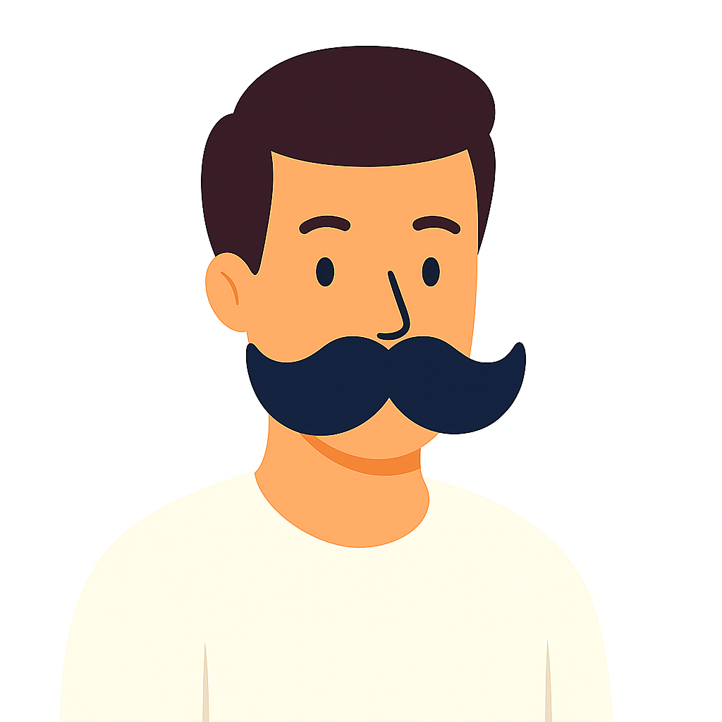 Ilustracja przedstawia mężczyznę z dużym, ciemnym wąsem i krótkimi włosami, ubranego w jasną koszulkę, na białym tle.