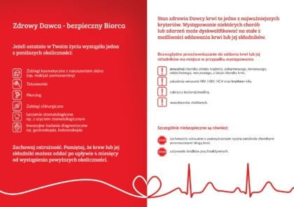 Ulotka informacyjna dla Dawców krwi w czerwono-białej kolorystyce. Lewa strona przedstawia listę sytuacji, które czasowo dyskwalifikują z oddawania krwi, m.in. zabiegi kosmetyczne z naruszeniem skóry, tatuaż, piercing, zabiegi chirurgiczne, leczenie stomatologiczne oraz inwazyjne badania diagnostyczne. Pod listą znajduje się informacja o konieczności zachowania 4-miesięcznej przerwy po tych zdarzeniach. Prawa strona opisuje bezwzględne przeciwwskazania do oddawania krwi, takie jak poważne choroby, zakażenia HIV/HBV/HCV, cukrzyca leczona insuliną czy nowotwory złośliwe. Na dole wymieniono zachowania szczególnie niebezpieczne: ryzykowne kontakty seksualne i używanie środków psychoaktywnych. Całość uzupełniają ikonki ostrzegawcze i grafika linii EKG zakończona sercem.