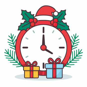 Czerwony zegar ozdobiony świątecznymi motywami – gałązkami świerku, ostrokrzewem, czapką Mikołaja i prezentami na białym tle.