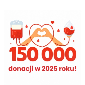 Ilustracja przedstawiająca dużą liczbę „150 000”, serce utworzone z dłoni połączonych przewodami do worków z krwią oraz czerwone serduszka i kropelki krwi, nawiązująca do krwiodawstwa.