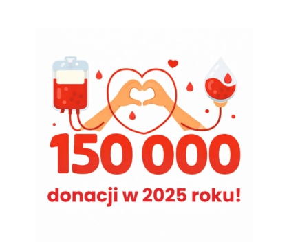 Ilustracja przedstawiająca dużą liczbę „150 000”, serce utworzone z dłoni połączonych przewodami do worków z krwią oraz czerwone serduszka i kropelki krwi, nawiązująca do krwiodawstwa.