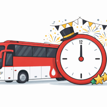 Sylwestrowa ilustracja z czerwonym autobusem do poboru krwi oraz zegarem wskazującym północ, otoczonym fajerwerkami i konfetti na białym tle.