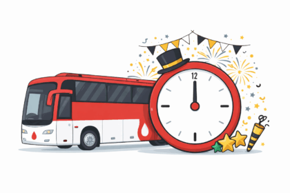 Sylwestrowa ilustracja z czerwonym autobusem do poboru krwi oraz zegarem wskazującym północ, otoczonym fajerwerkami i konfetti na białym tle.