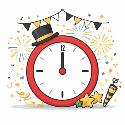 Czerwony zegar sylwestrowy wskazujący północ, ozdobiony konfetti, fajerwerkami, girlandą i cylindrem, na białym tle.