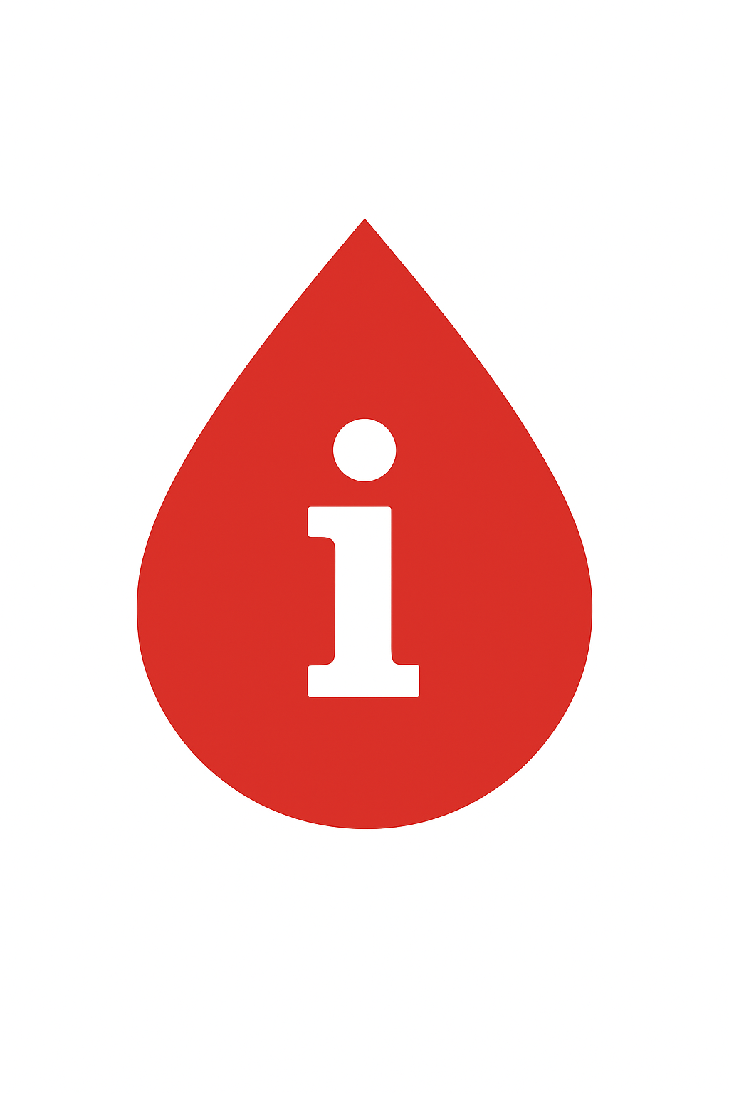 Czerwona kropla krwi z białą literą „i” symbolizującą informację.
