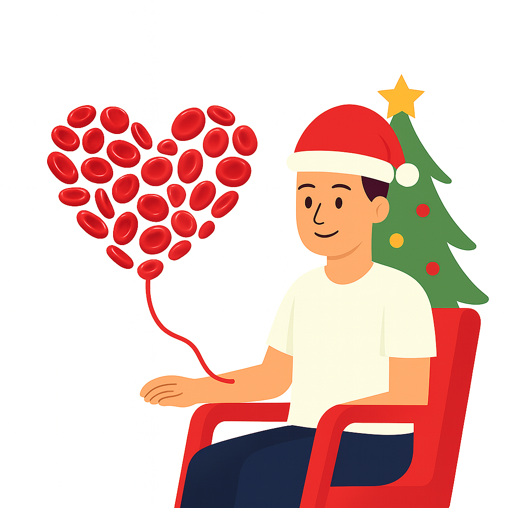 Mężczyzna siedzący na czerwonym fotelu z balonem w kształcie serca z czerwonych krwinek, w tle choinka i świąteczny klimat.