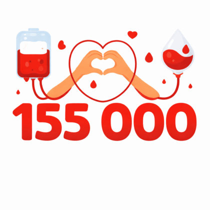 Ilustracja w stylu wektorowym: duża czerwona liczba „155 000” na białym tle, nad nią dłonie połączone w kształt serca. Po bokach worek z krwią i kropla krwi połączone czerwonymi przewodami, symbolizujące krwiodawstwo.