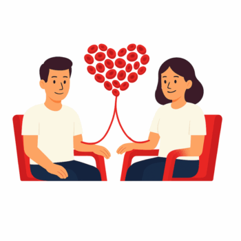 Ilustracja przedstawiająca kobietę i mężczyznę siedzących naprzeciw siebie, połączonych symboliczną linią krwi tworzącą serce – metafora oddawania krwi i dzielenia się życiem.