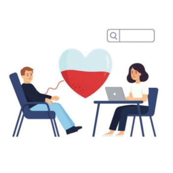 Ilustracja przedstawiająca honorowe oddawanie krwi – dawca na fotelu, symbol serca wypełnionego krwią oraz pracownik medyczny przy biurku.