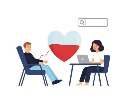 Ilustracja przedstawiająca honorowe oddawanie krwi – dawca na fotelu, symbol serca wypełnionego krwią oraz pracownik medyczny przy biurku.