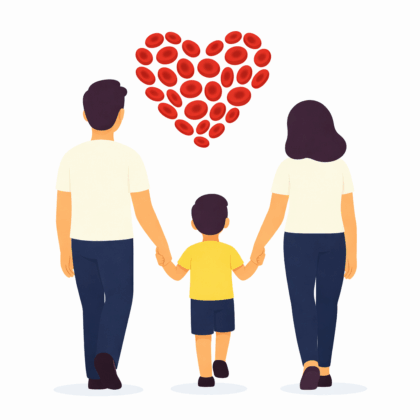 Ilustracja w płaskim, nowoczesnym stylu przedstawia rodzinę widzianą od tyłu – mamę, tatę i dziecko idące pomiędzy nimi. Rodzice trzymają dziecko za ręce. Wszyscy kierują się w stronę czerwonego serca ułożonego z krwinek, unoszącego się przed nimi na jasnym tle.