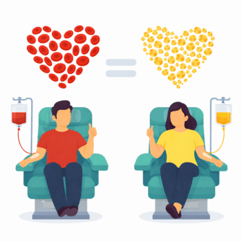 ilustracja przedstawiająca dwóch dawców siedzących na fotelach do poboru – po lewej mężczyzna oddający krew pełną, po prawej kobieta oddająca płytki krwi. Oboje są podłączeni do aparatury i pokazują uniesiony kciuk. Nad nimi widoczne są dwa serca: jedno z czerwonych krwinek, drugie z żółtych płytek, a pomiędzy nimi znak równości podkreślający równą wartość obu form donacji.