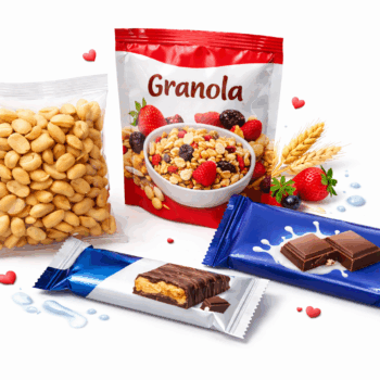 zestaw produktów wchodzących w skład pakietu regeneracyjnego dla krwiodawców: przezroczysta paczka z prażonymi, niesolonymi orzeszkami ziemnymi, opakowanie granoli z owocami (truskawki, borówki), baton białkowy w częściowo otwartym opakowaniu oraz tabliczka czekolady mlecznej. W tle znajdują się graficzne elementy nawiązujące do składników (kłosy zbóż, owoce) oraz małe czerwone serduszka symbolizujące ideę krwiodawstwa.