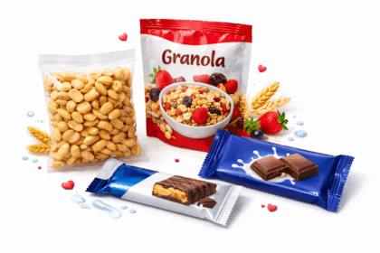 zestaw produktów wchodzących w skład pakietu regeneracyjnego dla krwiodawców: przezroczysta paczka z prażonymi, niesolonymi orzeszkami ziemnymi, opakowanie granoli z owocami (truskawki, borówki), baton białkowy w częściowo otwartym opakowaniu oraz tabliczka czekolady mlecznej. W tle znajdują się graficzne elementy nawiązujące do składników (kłosy zbóż, owoce) oraz małe czerwone serduszka symbolizujące ideę krwiodawstwa.