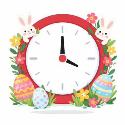 Czerwony zegar ozdobiony wielkanocnymi motywami – kolorowymi pisankami, kwiatami i dwoma zajączkami na białym tle.