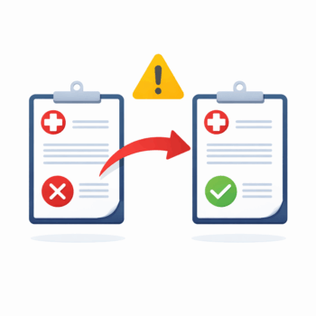 Ilustracja przedstawiająca dwie kartki dokumentów medycznych na clipboardach. Po lewej stronie dokument oznaczony czerwonym symbolem „X”, po prawej dokument z zielonym symbolem „✔”. Między nimi widoczna jest strzałka wskazująca zmianę oraz znak ostrzegawczy (trójkąt z wykrzyknikiem), symbolizujący wprowadzenie nowych zasad.