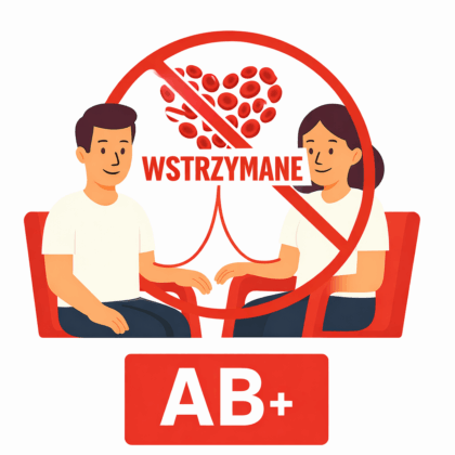 Ilustracja przedstawiająca kobietę i mężczyznę oddających krew, przekreślonych czerwonym znakiem zakazu. Nad nimi widoczny symbol krwinek oraz napis „WSTRZYMANE”. Na dole czerwony prostokąt z oznaczeniem grupy krwi „AB+”.