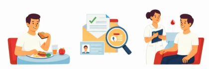 Ilustracja przedstawiająca etapy oddawania krwi: po lewej osoba spożywająca posiłek i napój (przygotowanie do donacji), na środku dokumenty i formularze z lupą (rejestracja i kwalifikacja), po prawej pielęgniarka rozmawiająca z dawcą siedzącym na fotelu, obok symbol kropli krwi (proces oddania krwi).