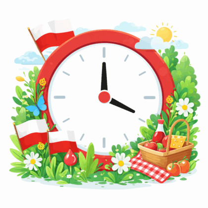Ilustracja przedstawia duży zegar z czerwoną obudową ustawiony na tle wiosennej scenerii. Wokół znajdują się zielone krzewy, kwiaty i trawa. Obok zegara widoczne są biało-czerwone flagi, a także kosz piknikowy z jedzeniem stojący na czerwono-białym kocu. W tle świeci słońce, na niebie są chmury, a całość utrzymana jest w jasnej, majówkowej, pogodnej stylistyce.