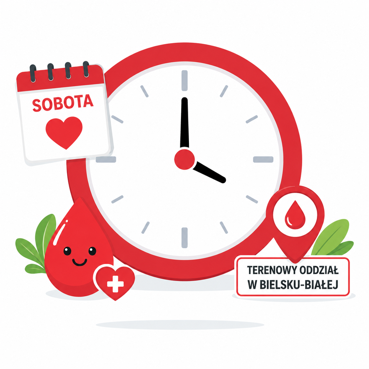 Czerwony zegar z motywem krwiodawstwa, kalendarzem z napisem „Sobota” oraz ikoną kropli krwi i oznaczeniem Terenowego Oddziału w Bielsku-Białej na białym tle.