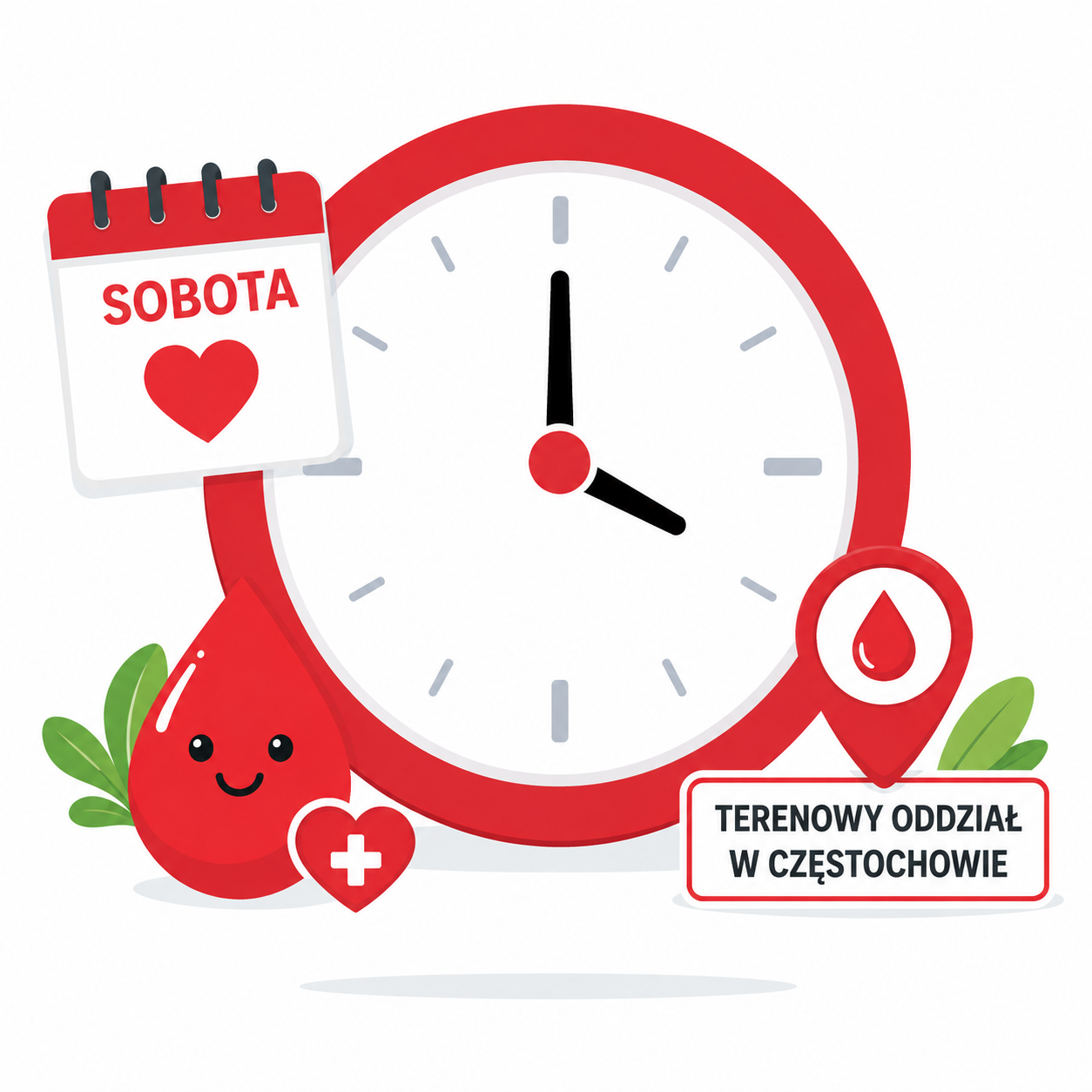 Czerwony zegar z motywem krwiodawstwa, kalendarzem „Sobota”, kroplą krwi i oznaczeniem Terenowego Oddziału w Częstochowie na białym tle.