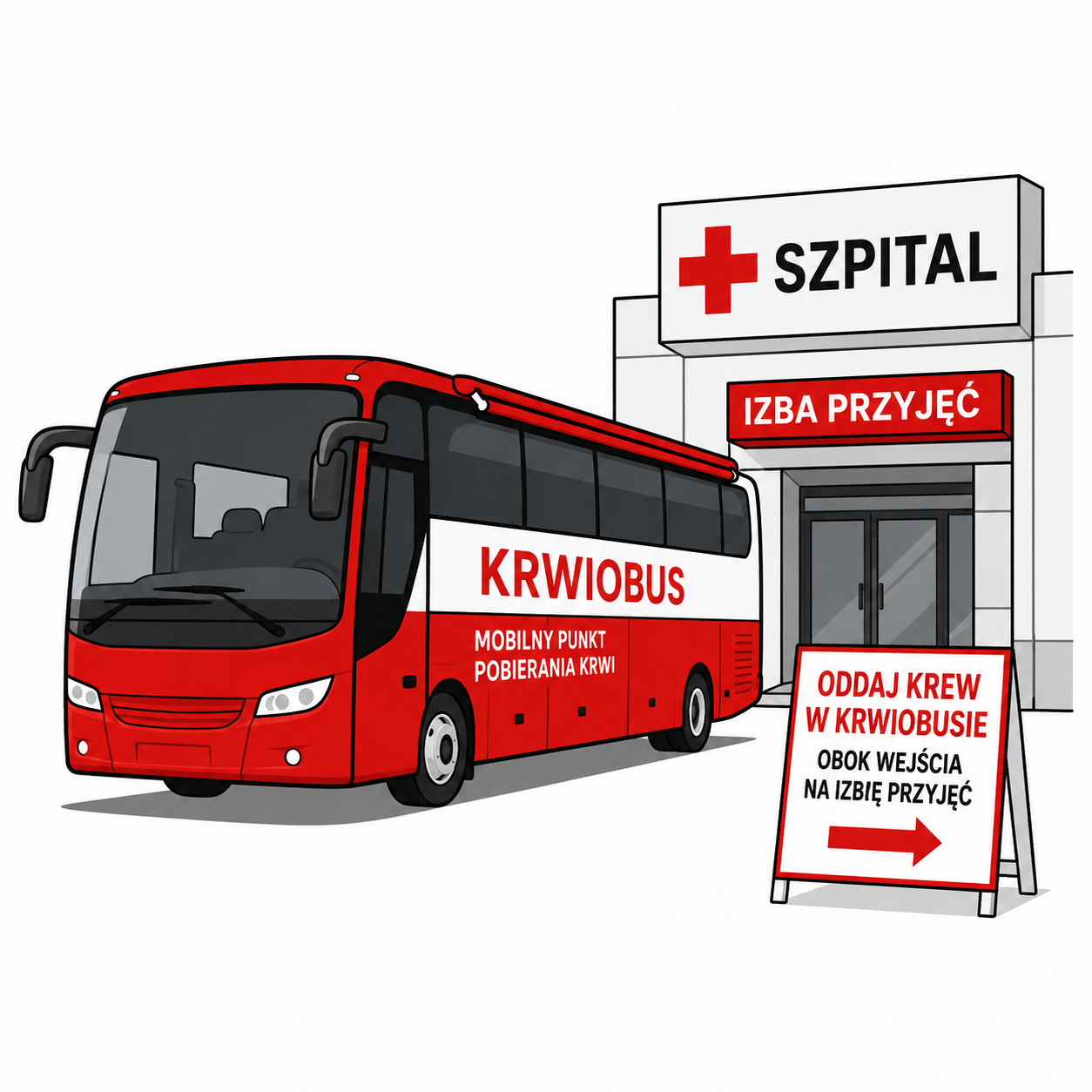 Czerwony krwiobus zaparkowany przed wejściem do szpitala z oznaczeniem Izby Przyjęć na białym tle.