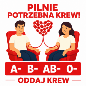 Apel o oddawanie krwi grup A−, B−, AB− i 0− z ilustracją dwojga krwiodawców.
