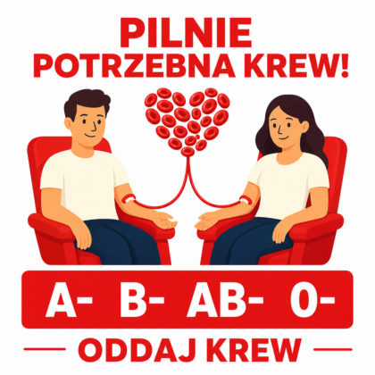 Apel o oddawanie krwi grup A−, B−, AB− i 0− z ilustracją dwojga krwiodawców.