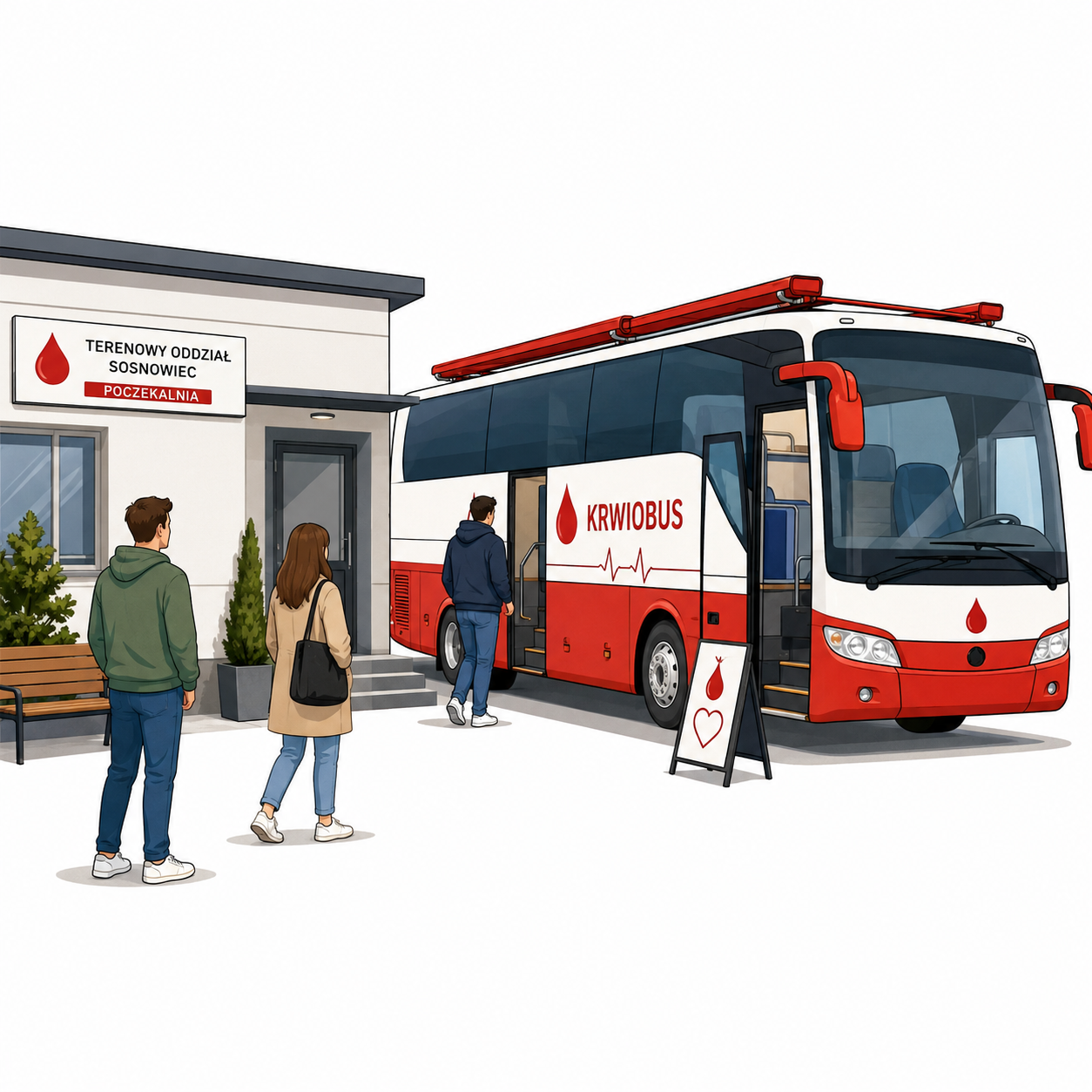 Ilustracja przedstawia krwiobus zaparkowany obok poczekalni Terenowego Oddziału w Sosnowcu. Przy wejściu do autobusu stoi kilka osób, a na budynku widoczna jest tabliczka z napisem „Terenowy Oddział Sosnowiec – Poczekalnia”. Grafika symbolicznie pokazuje, że krew można oddać w autobusie zamiast w punkcie.