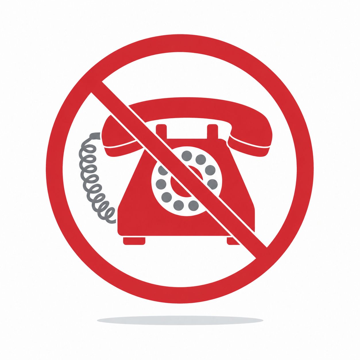 Przekreślona ikona czerwonego telefonu stacjonarnego z tarczą wybierania numerów na białym tle.