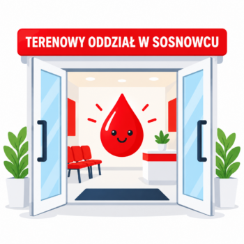 Otwarte drzwi Terenowego Oddziału w Sosnowcu. W środku widać uśmiechniętą kroplę krwi, czerwone krzesła i ladę; nad wejściem znajduje się czerwony szyld z nazwą oddziału.