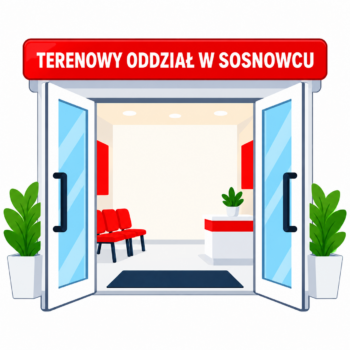 Ilustracja otwartych drzwi do oddziału krwiodawstwa. Nad wejściem czerwony szyld „Terenowy Oddział w Sosnowcu”, a wewnątrz widać czerwone krzesła i ladę recepcyjną.