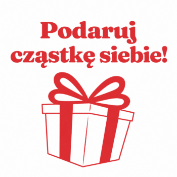 Czerwono-biały prezent z kokardą oraz napis „Podaruj cząstkę siebie!” na białym tle.